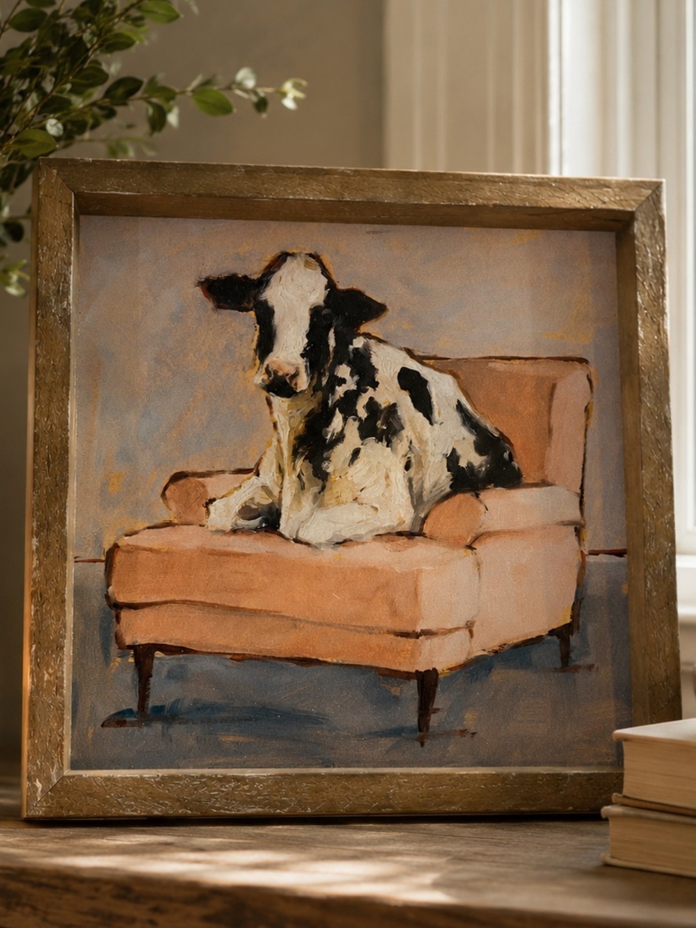 Farmhouse Cow Wall Art Framed Black White Cow Pink Chair Rustic Decor